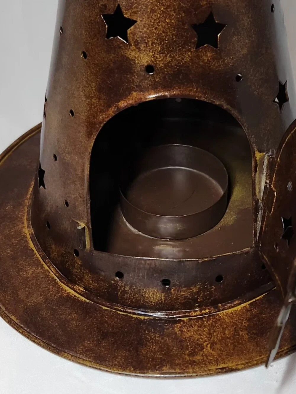 Rustic Metal Witch Hat Candle Holder With Punched Out Stars & Front Hinged Door